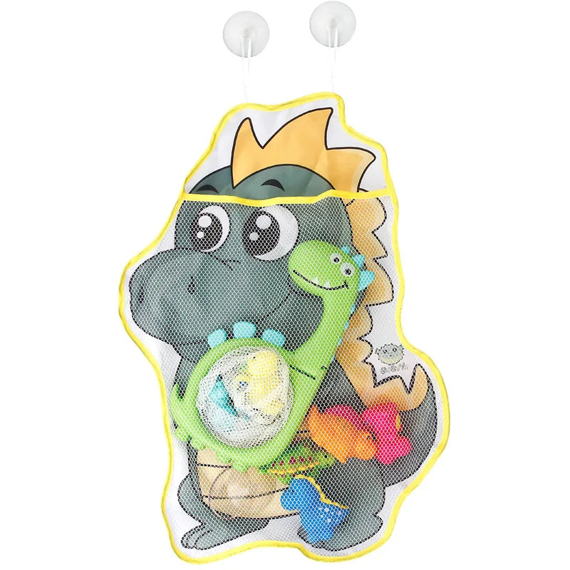 A yellow and gray bath toy featuring a frog character with a crown and various colorful accessories.