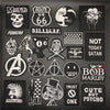 A collection of black embroidered punk badges featuring skulls, symbols, and text.
