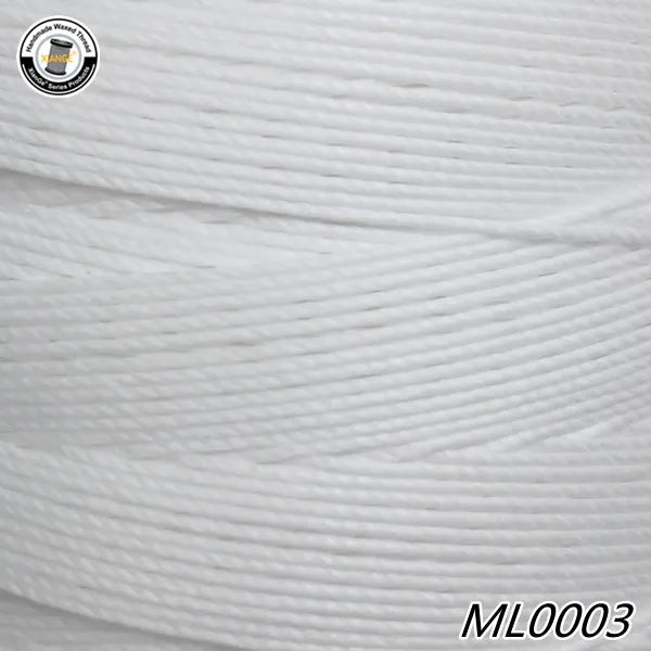 Spool of white wax thread embroidery cord with a logo visible in the top left corner.