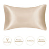 A smooth, beige mulberry silk satin pillowcase shown from the side.