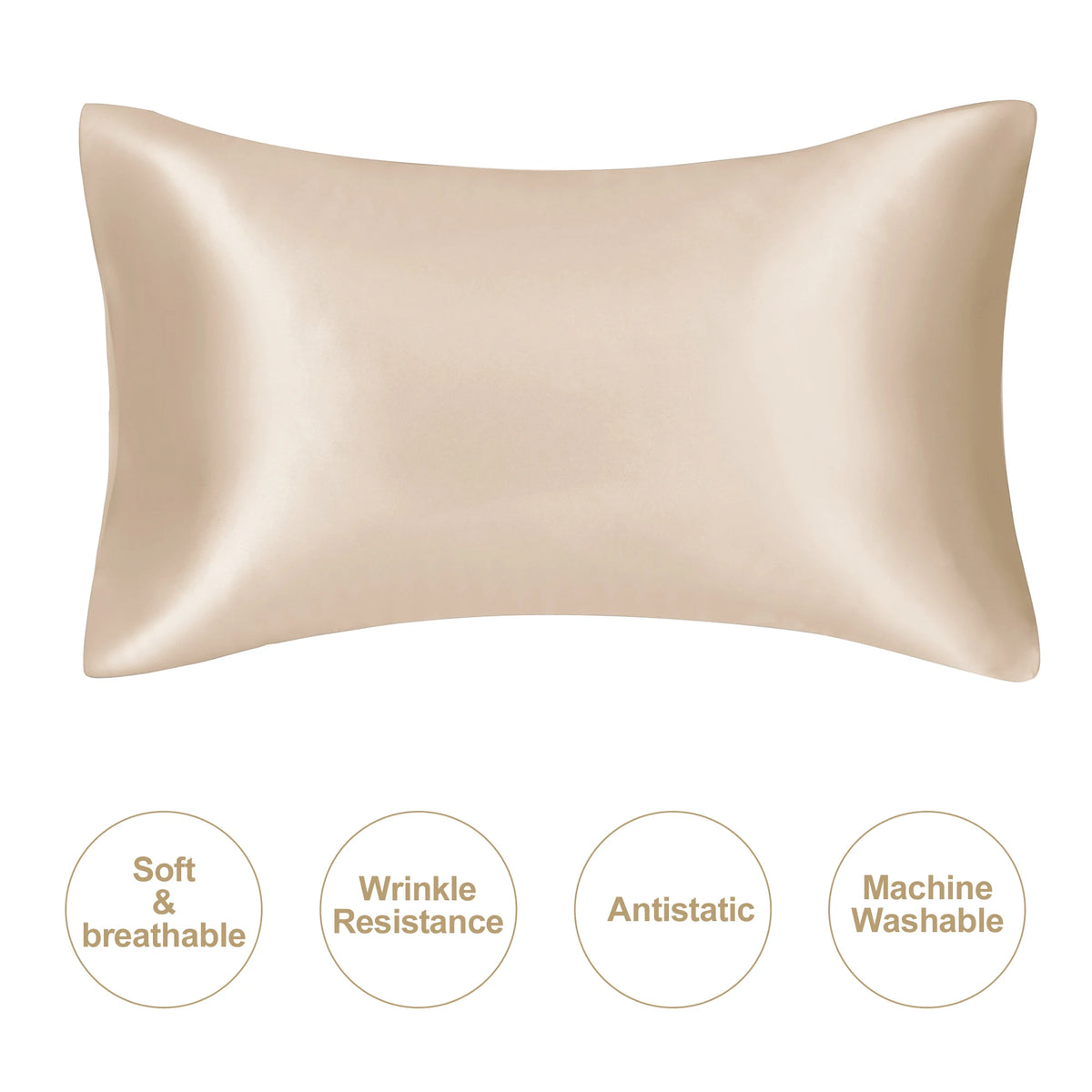 A smooth, beige satin pillowcase shown from the front.