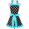A black polka dot ruffle apron with light blue trim and a bow displayed on a mannequin.