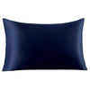 A dark navy blue satin pillowcase is shown flat.