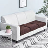 A white sofa with a dark brown seat cushion cover and a potted plant in front of it.