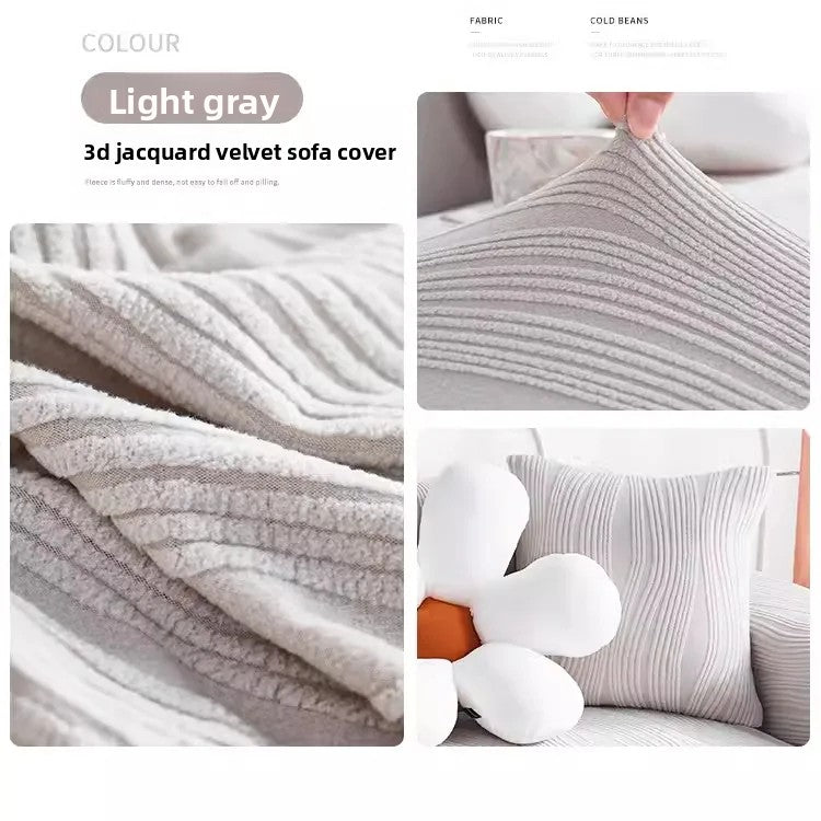 Light gray 3D jacquard velvet sofa cover fabric shown in various textures and close-ups.
