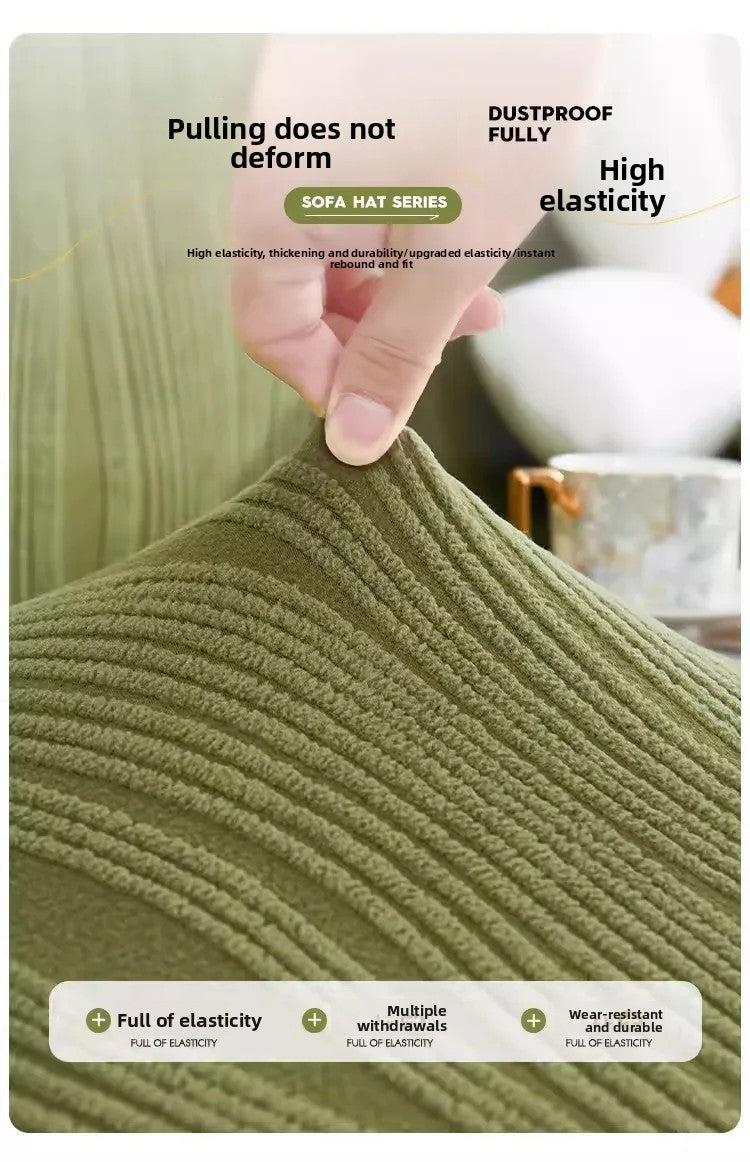 Close-up of a textured olive green sofa cover demonstrating high elasticity and durability.