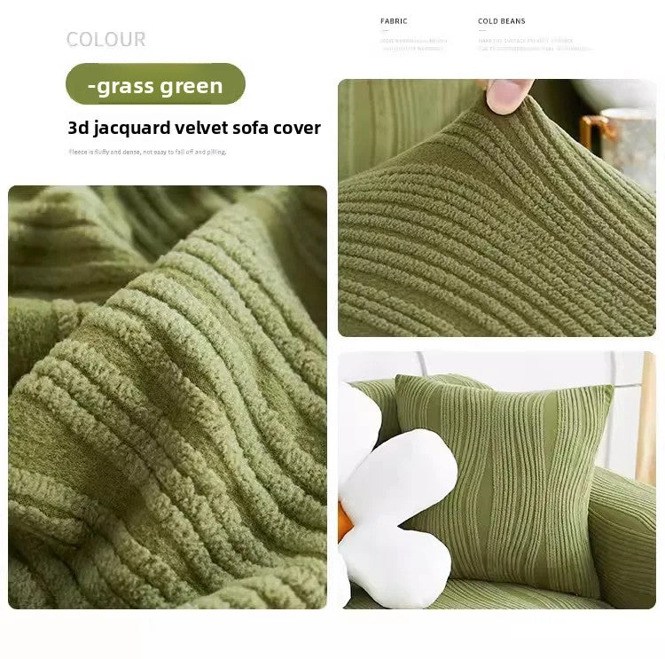 A close-up of a moss green 3D jacquard velvet sofa cover texture and detail.