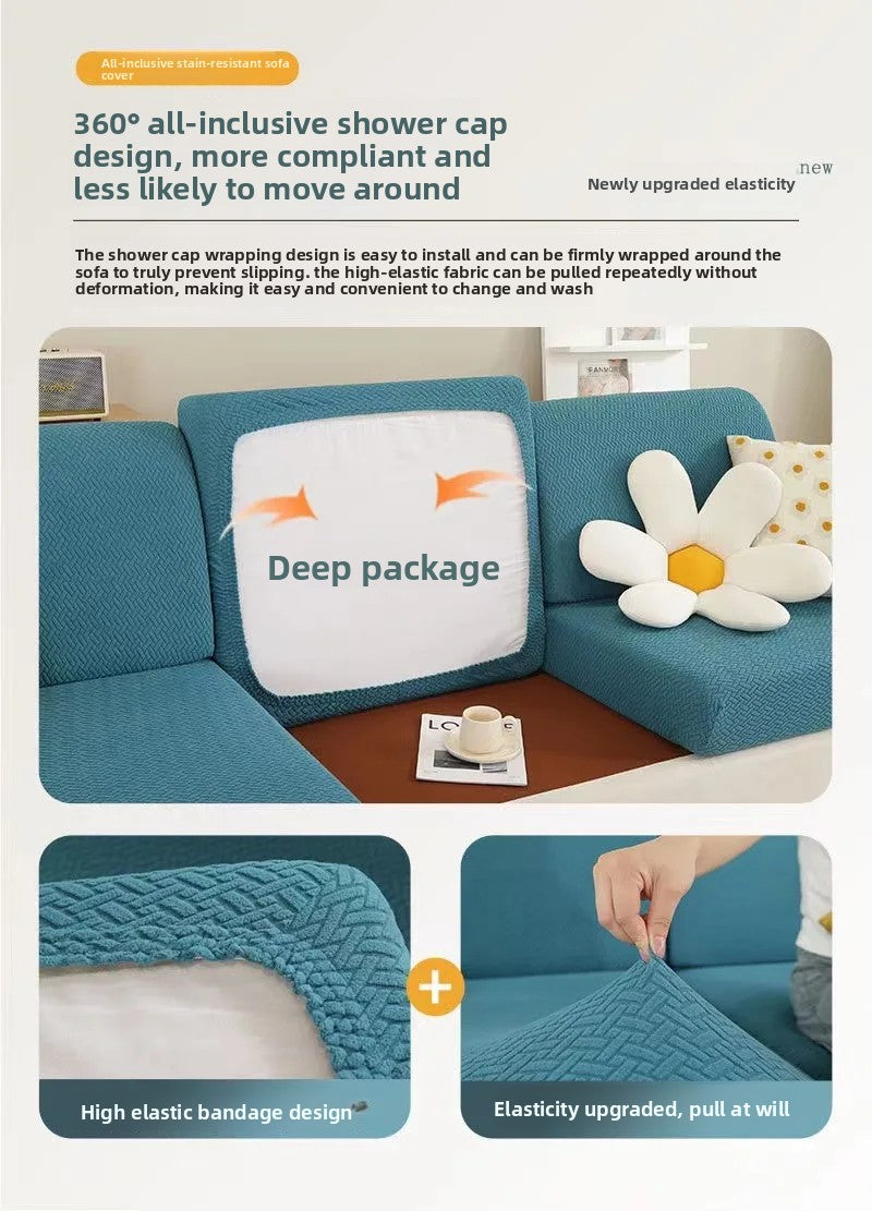 A teal sofa seat protector cushion cover with a deep package design and elastic bandage features are shown.