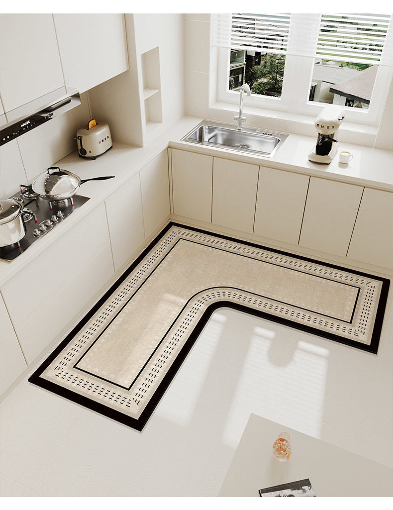 A luxury velvet anti-slip floor mat placed on a light-colored kitchen countertop.