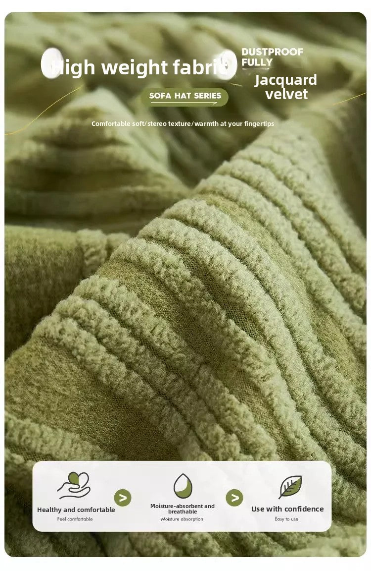 Close-up of a textured olive green jacquard velvet sofa hat series fabric showing its soft texture and durability.