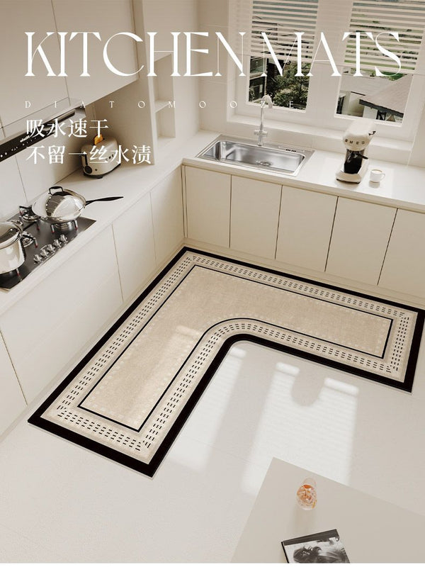A luxury velvet anti-slip floor mat with a geometric pattern is placed on a kitchen floor.