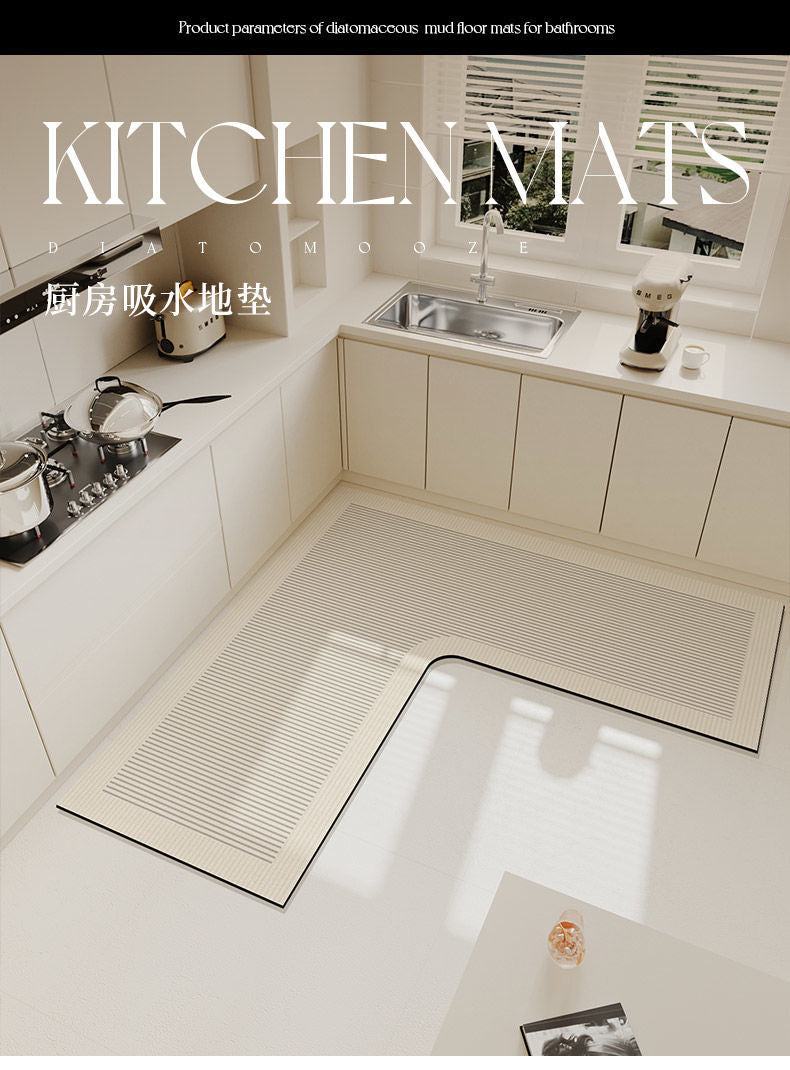 A rectangular, light beige anti-slip floor mat is placed on a kitchen countertop next to a sink and window.