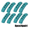 Eight silicone pan handle covers in teal color, designed to protect heat resistant pot handles.