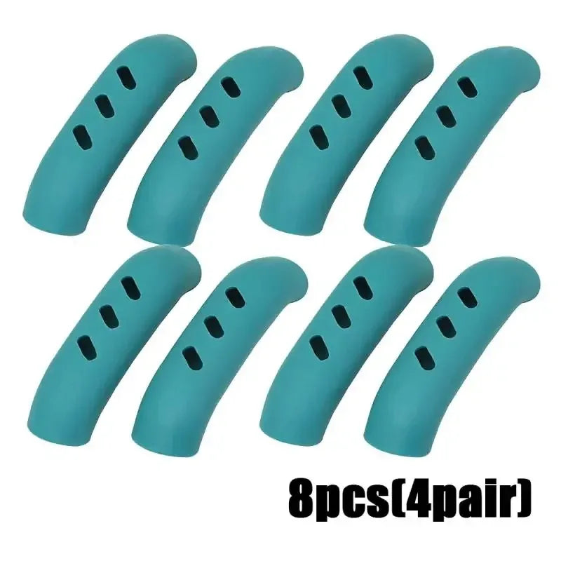 Eight silicone pan handle covers in teal color, designed to protect heat resistant pot handles.