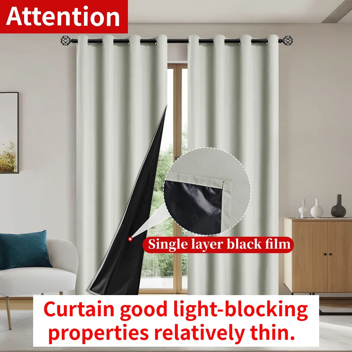 White blackout curtains hanging on a rod, demonstrating light-blocking properties.