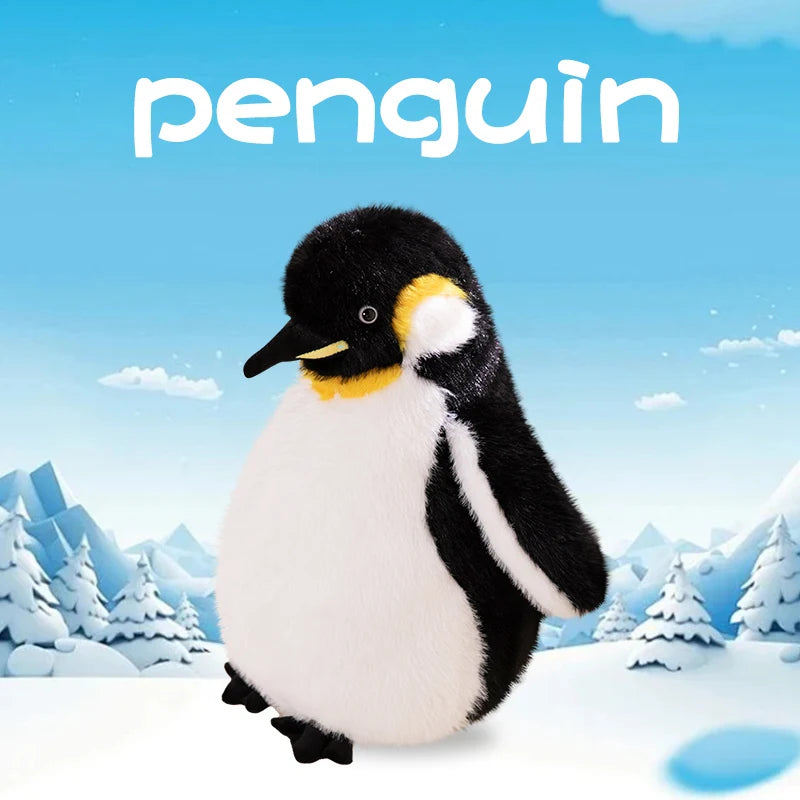 A cute black and white penguin plush toy standing in a snowy outdoor landscape.