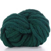 A ball of dark green hand-woven chunky chenille yarn.