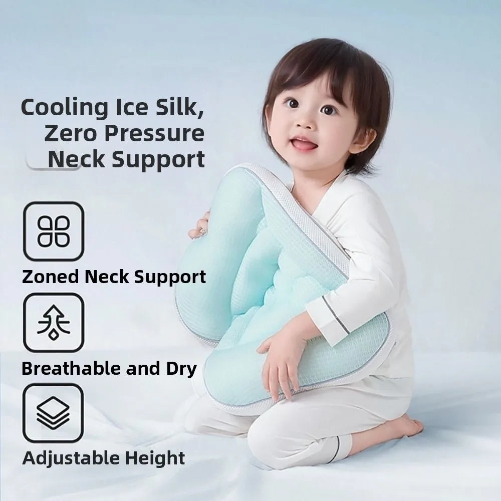 A baby is shown using a light blue cooling ice silk neck support pillow for neck support and sleep.