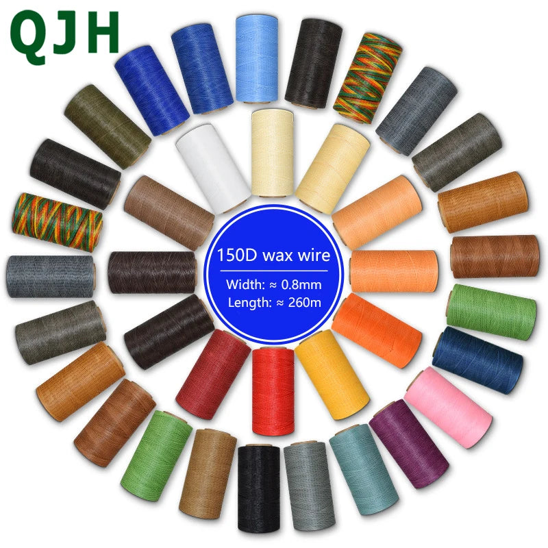 A collection of various colored waxed thread spools and rolls for leather and crafting projects.