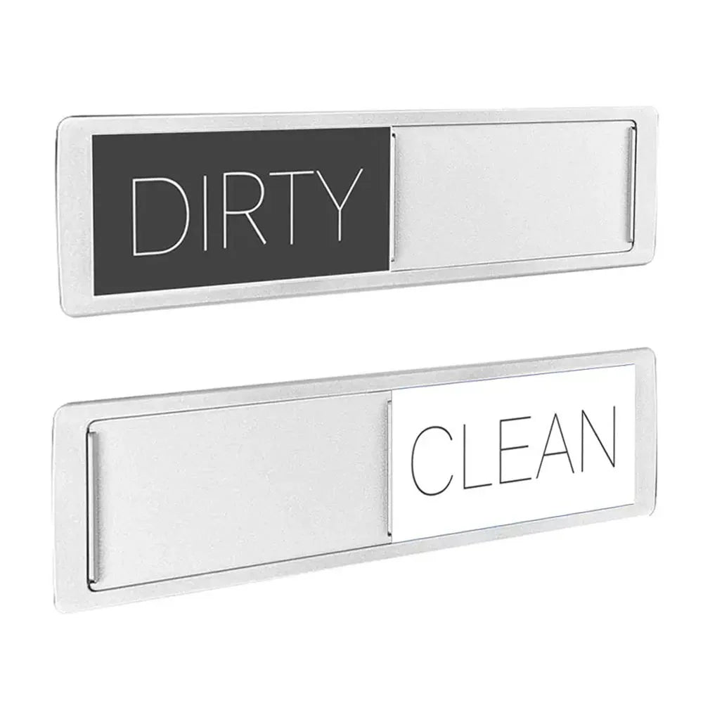 A pair of magnetic dish indicators showing the words DIRTY on a black plate and CLEAN on a white plate.