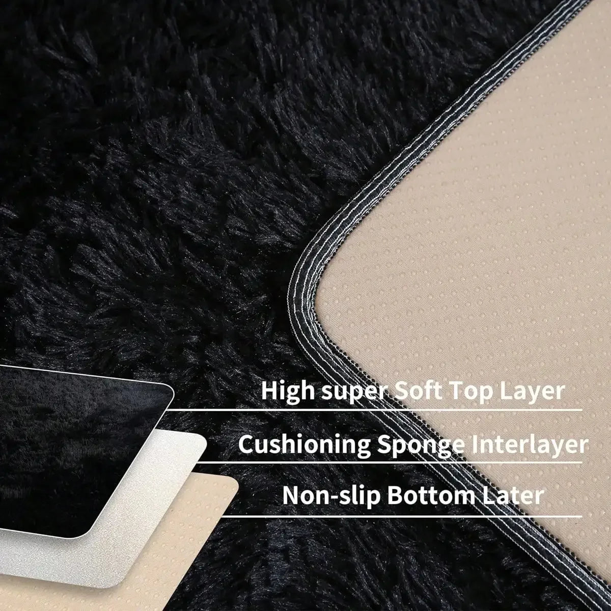 Close-up of a soft, padded item showing layers including a top layer, cushioning sponge interlayer, and non-slip bottom layer