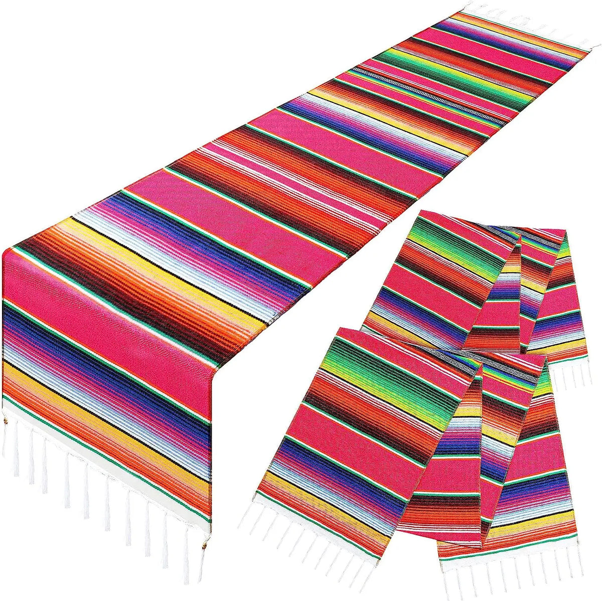 A vibrant Mexican serape table runner featuring colorful stripes in pink, orange, and green.