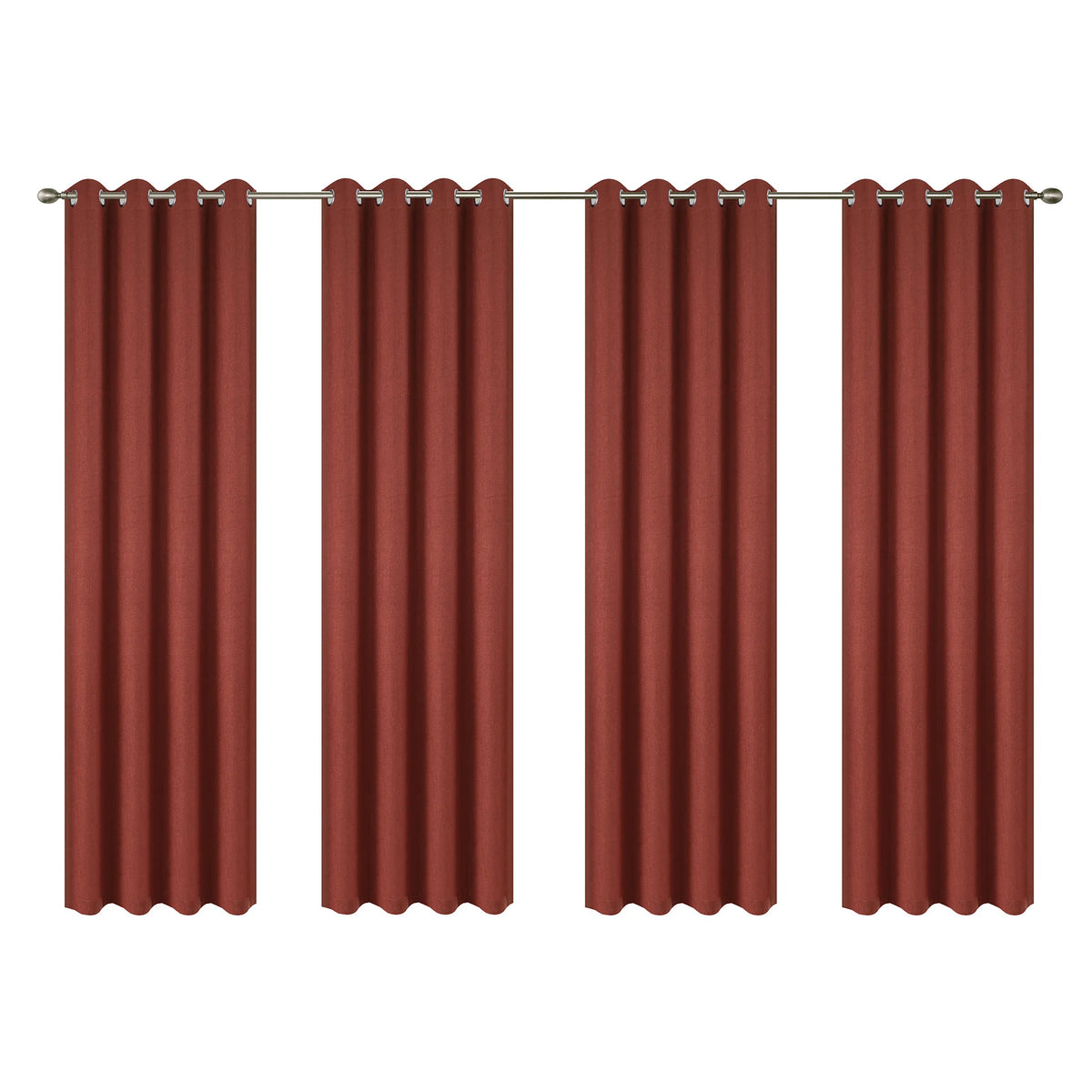 Set of four terracotta colored linen textured blackout curtains hanging on a rod