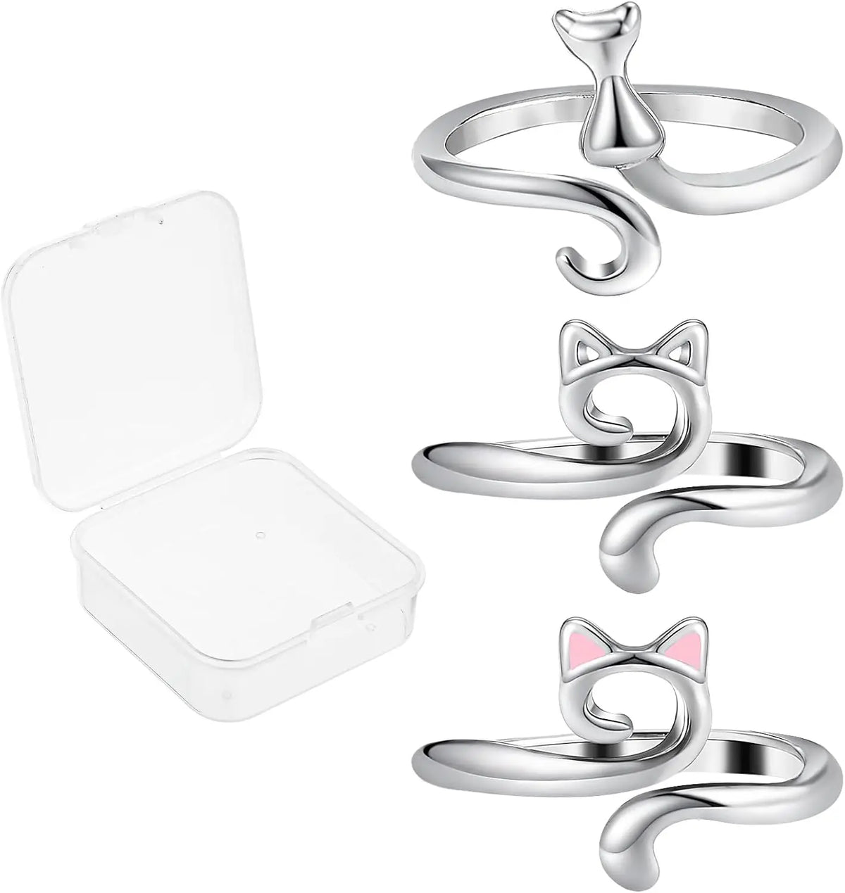 Silver adjustable crochet loop rings set featuring cat-shaped designs