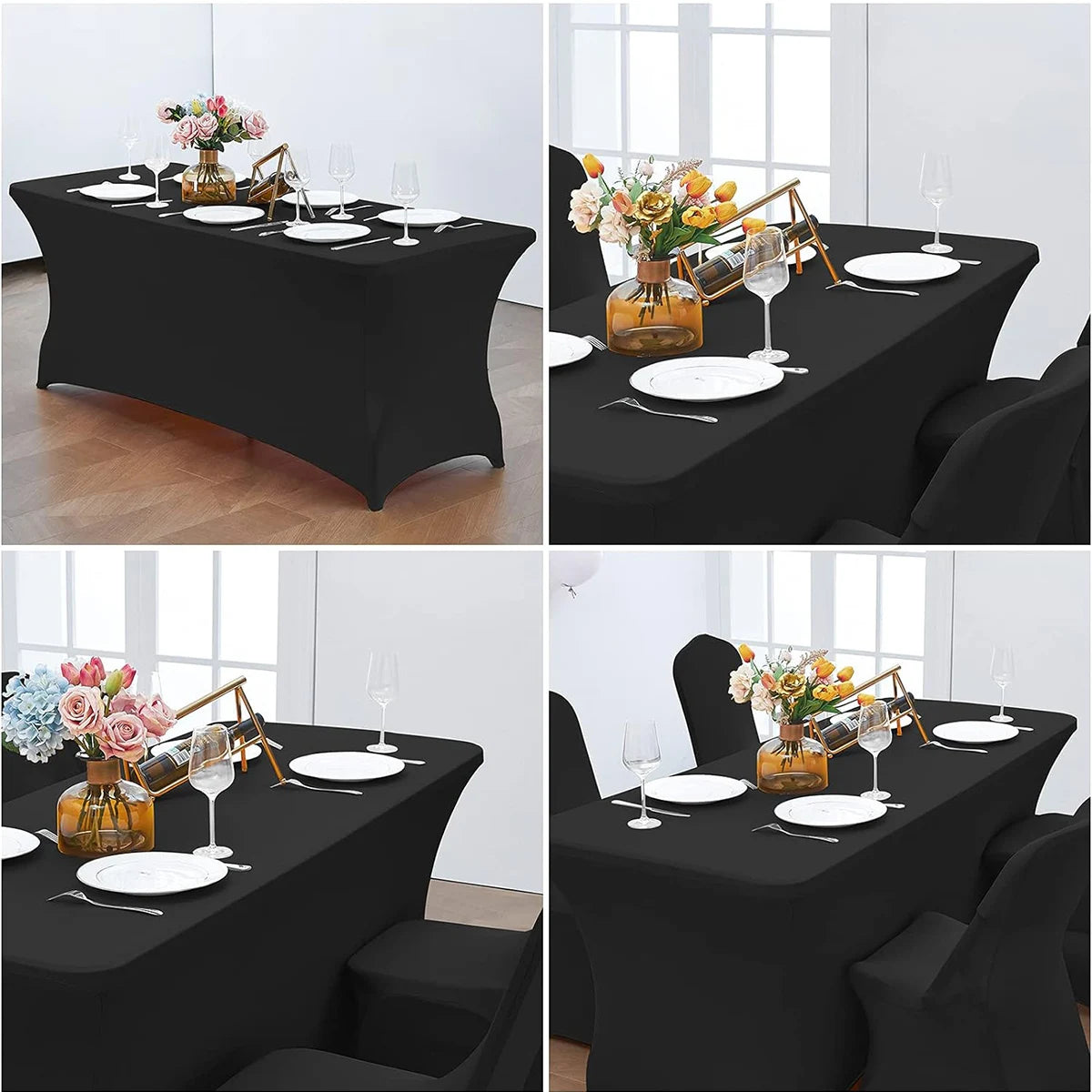 Black stretch tablecloth set for dining and event decor featuring elegant floral centerpieces on a table.