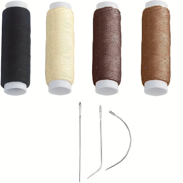 A set of three spools of hair extension weft threads in black, beige, and brown, along with a pair of metal tools.