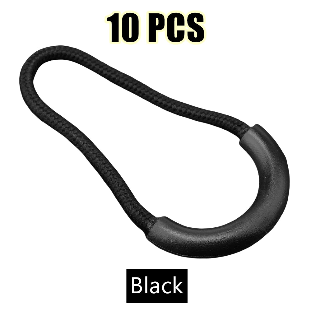 Ten black U-shape zipper pull straps shown against a white background.