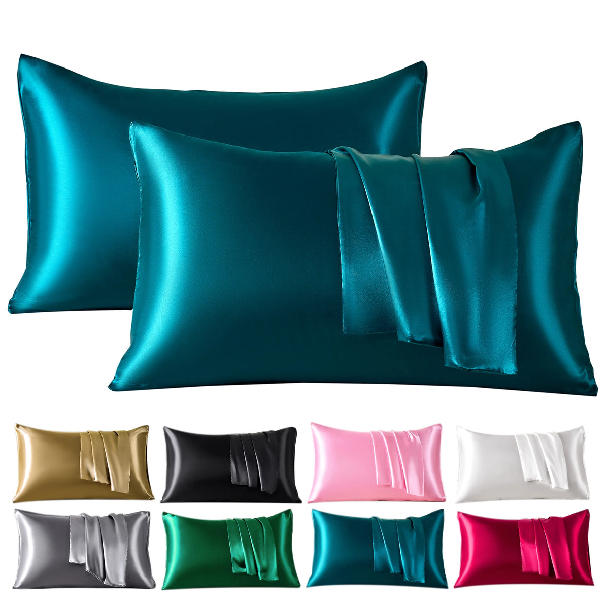 A set of six satin pillowcases in various shades of teal, green, pink, and purple.