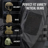 A close-up of various tactical gear items including a helmet, bag, vest, and jacket displayed on a person's arm.