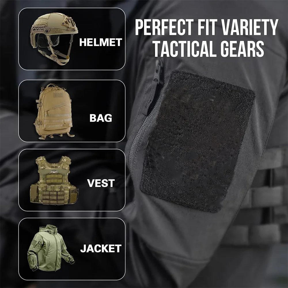 A close-up of various tactical gear items including a helmet, bag, vest, and jacket displayed on a person's arm.
