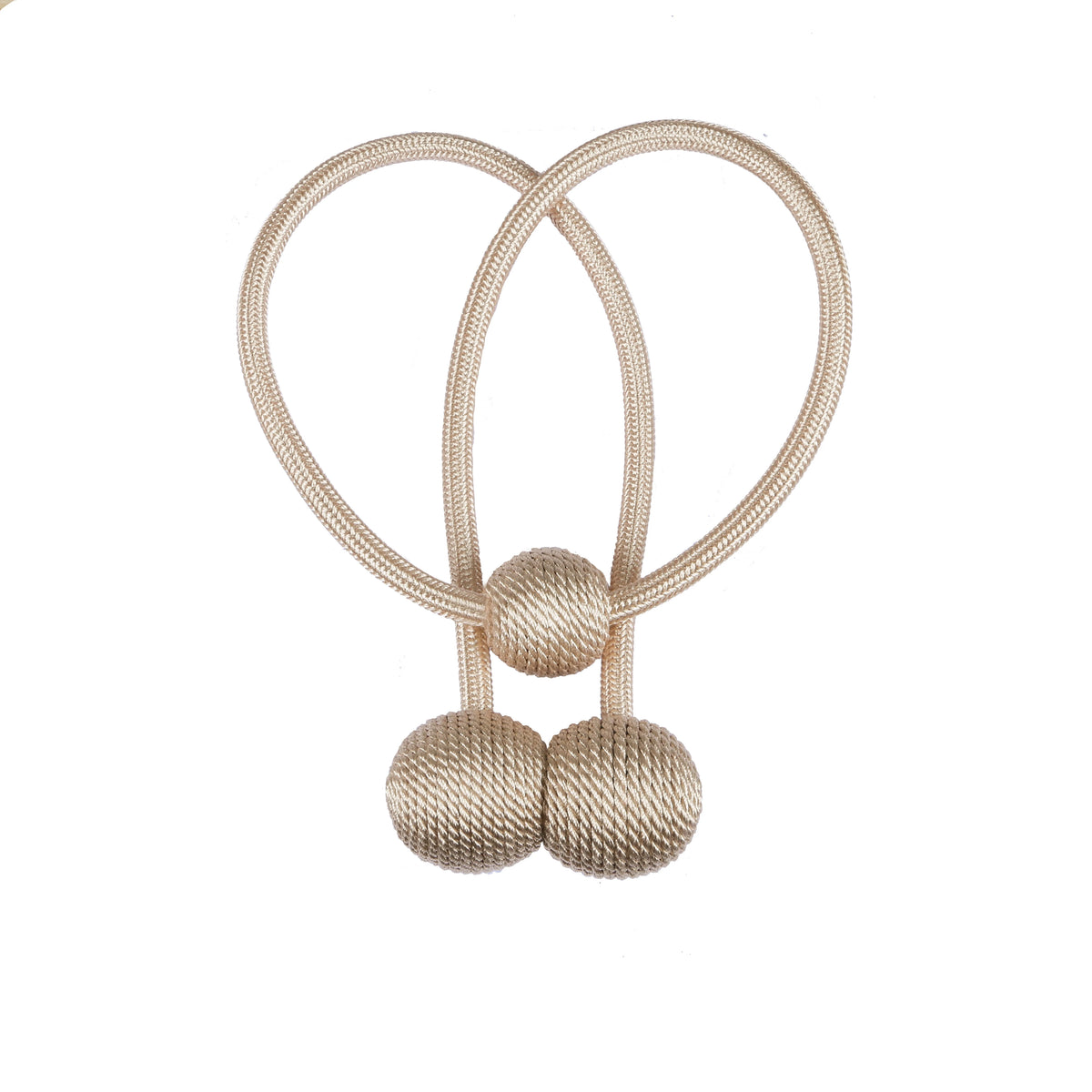 A pair of beige magnetic curtain tiebacks with looped cords and spherical finials.