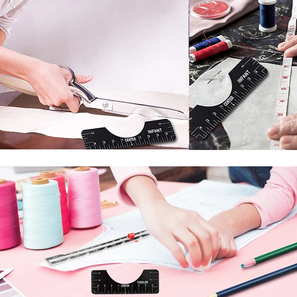 A hand is using a T-Shirt Alignment Ruler set to mark fabric, showing the ruler's markings and alignment tool.