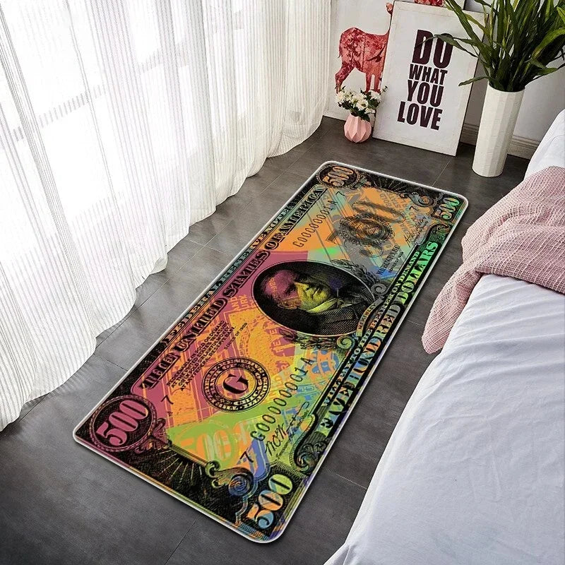A long, colorful floor mat featuring a design of US currency and a silhouette of a person on a gray floor.