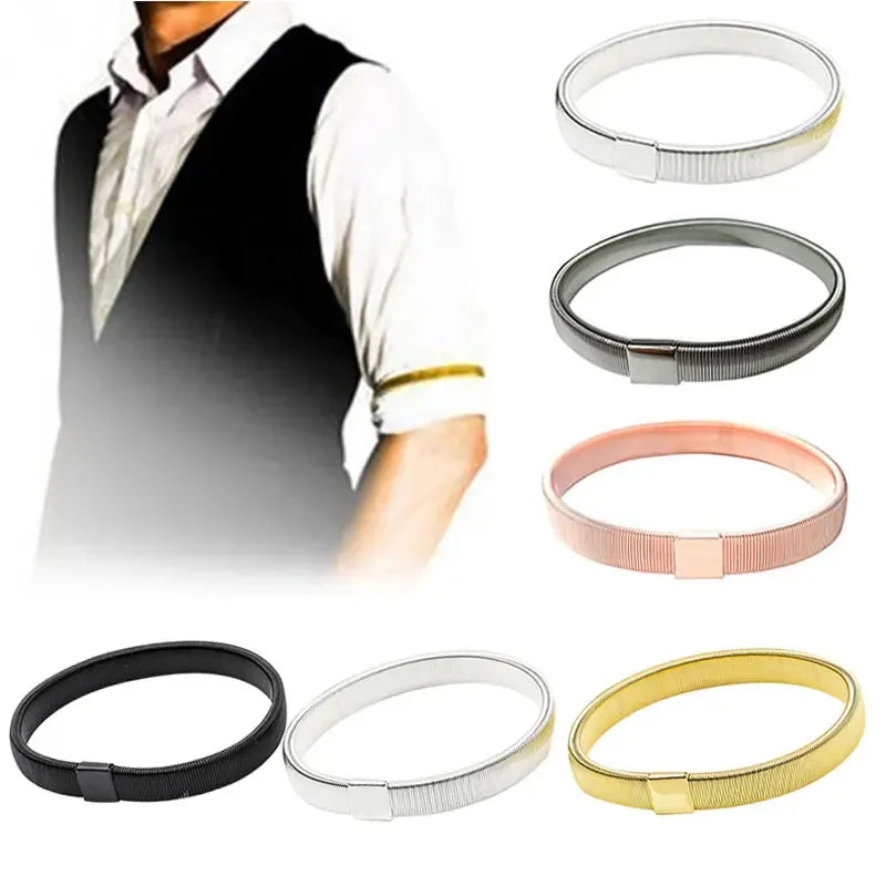 A collection of adjustable metal sleeve garters or arm bands in various colors including silver, black, rose gold, and gold.