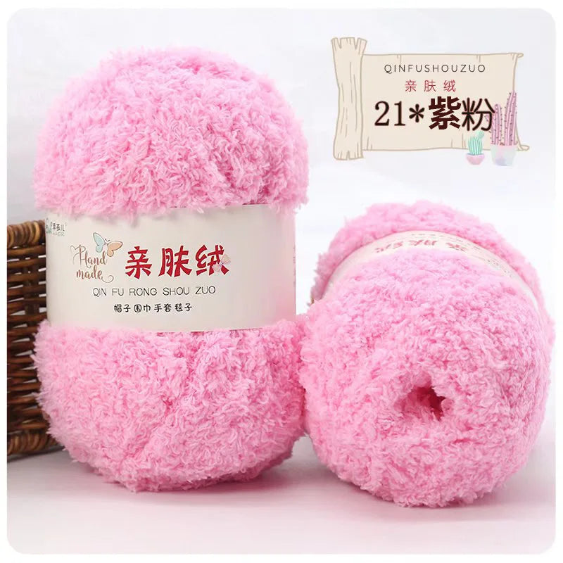Pink fluffy velvet yarn balls for crafting labeled as Plant Made