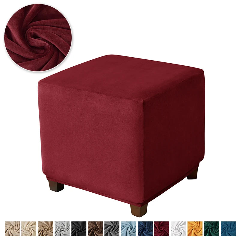 A deep burgundy velvet ottoman slipcover protecting furniture.
