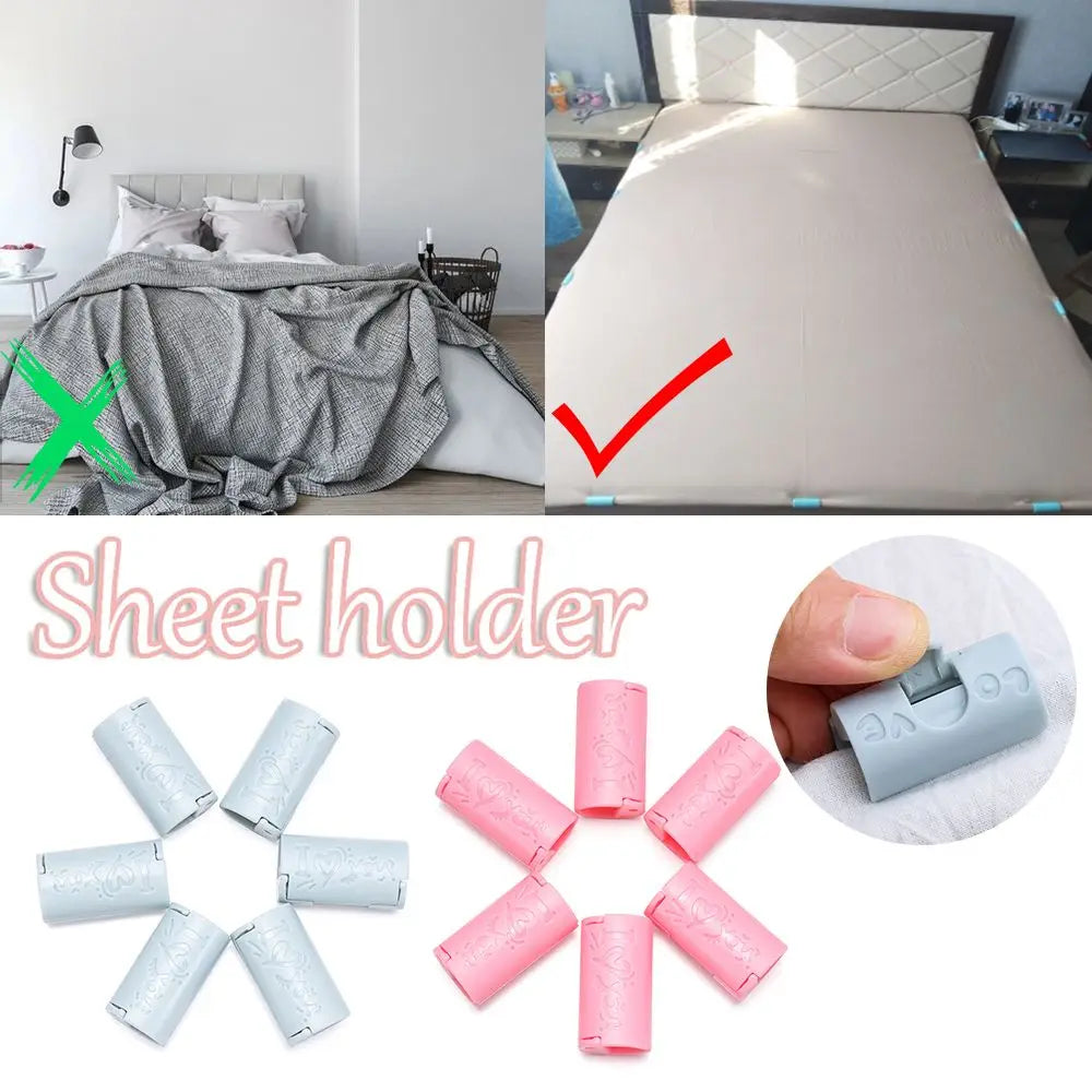 A set of pink and light blue invisible sheet clips used for holding bedding.