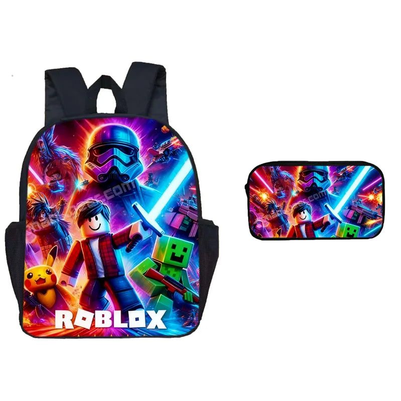 A black backpack with a vibrant Roblox theme featuring a helmet and building blocks, paired with a matching pen case.