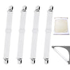 Four white adjustable bed sheet grippers with metal fasteners and one gray strap shown.
