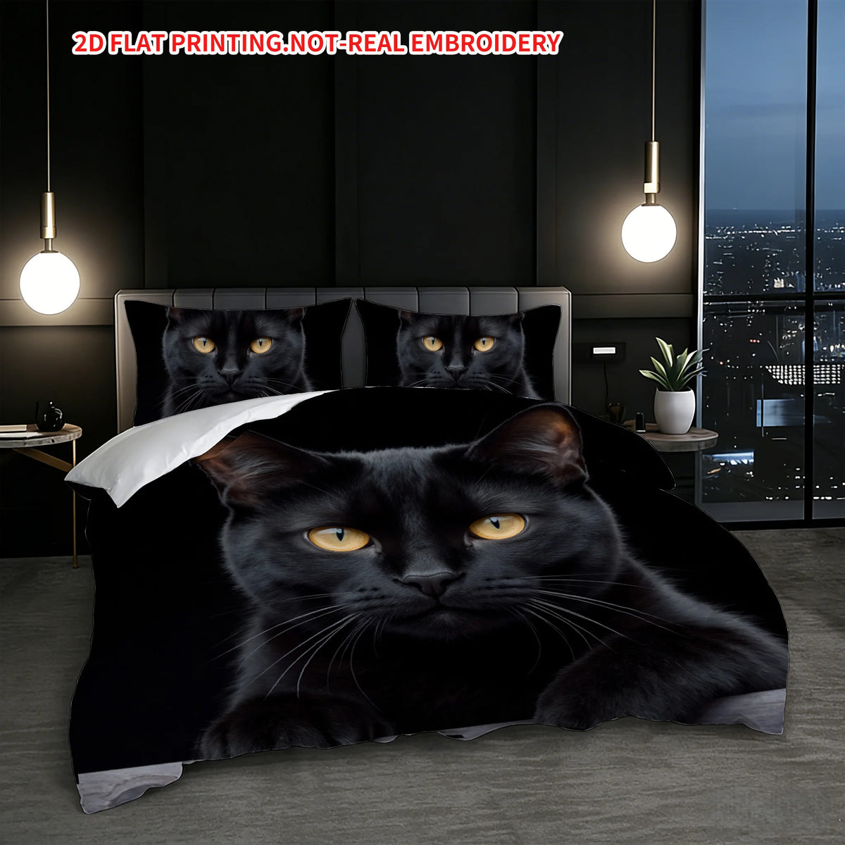 A black cat pattern quilt cover set displayed on a bed with decorative lighting.