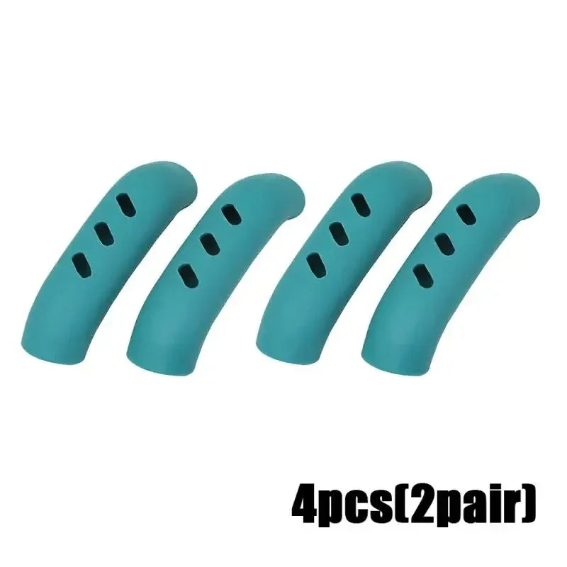 Four silicone pan handle covers in teal color for heat resistant pot handle protection