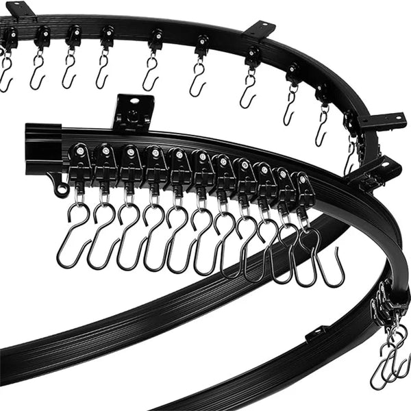Flexible bendable curtain track with multiple hanging hooks and clips for mounting on walls or ceilings