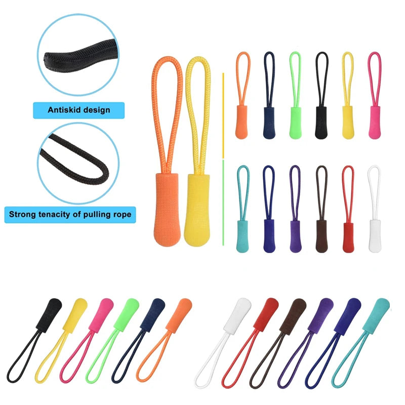 A collection of replacement zipper pulls in various colors and materials, including silicone and plastic options.
