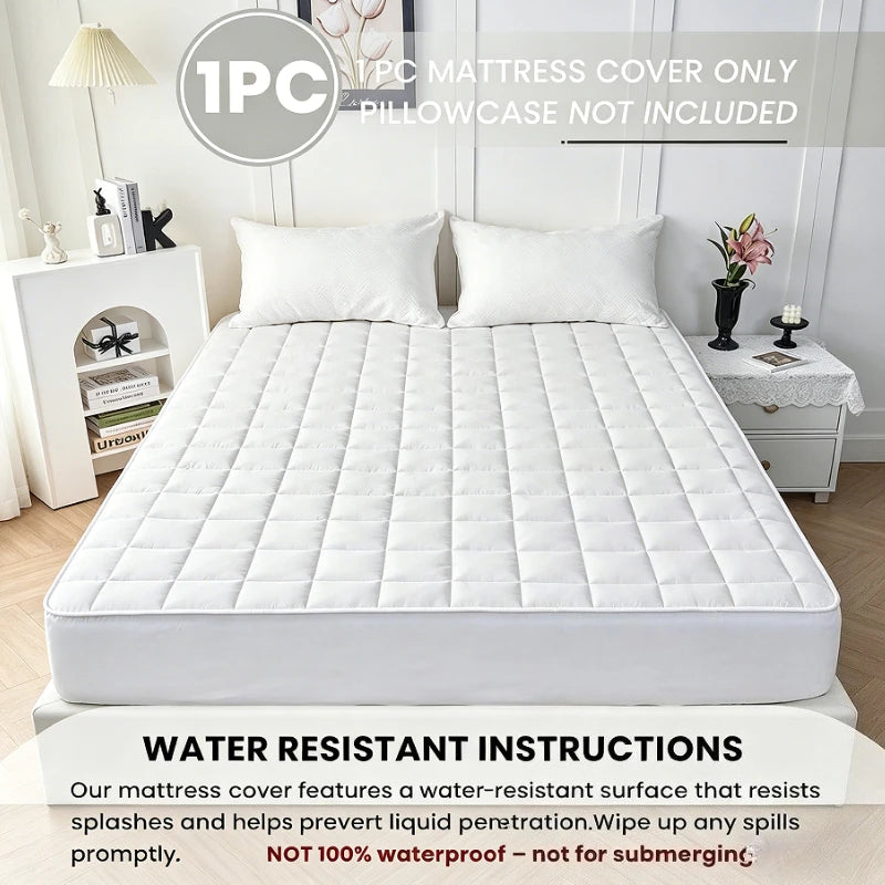 White quilted waterproof mattress cover displayed on a bed, with instructions for use.