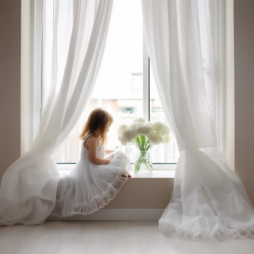 A young girl in a white dress looks out of a window draped with sheer white tulle curtains.