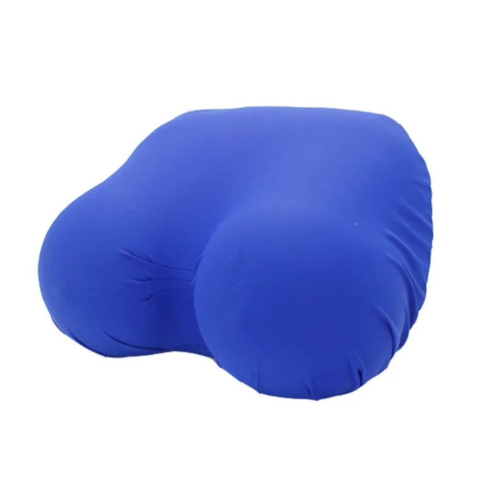 A bright blue memory foam contour chest pillow shown from the side.